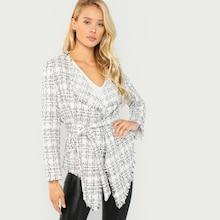 Shein Frayed Trim Belted Tweed Coat