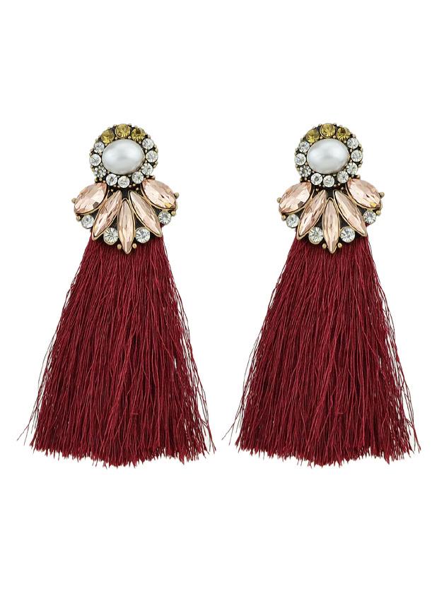 Shein Red Bohemian Style Statement Flowert Long Tassel Drop Earring