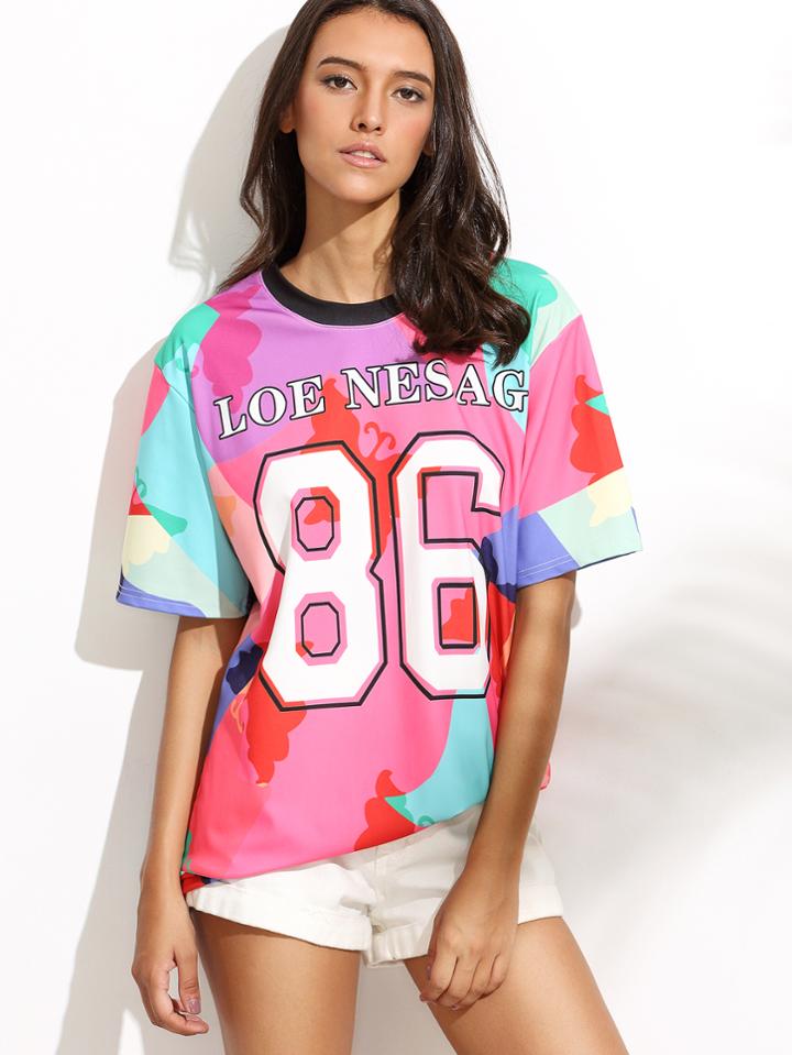 Shein Patchwork Letters Print T-shirt