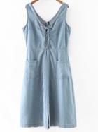Shein Light Blue Pockets Split Lace Up Front Denim Dress