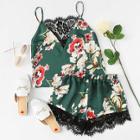 Shein Floral Print Lace Insert Cami Top And Shorts Pj Set