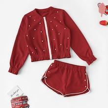 Shein Girls Zip Up Pearl Detail Sweatshirt & Shorts Set