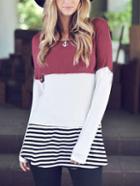 Shein Colour-block Long Sleeve Striped Lace T-shirt
