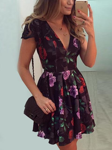 Shein Deep-v Flower Print Cutout Back Skater Dress