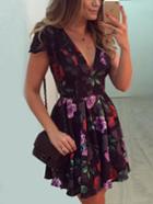 Shein Deep-v Flower Print Cutout Back Skater Dress