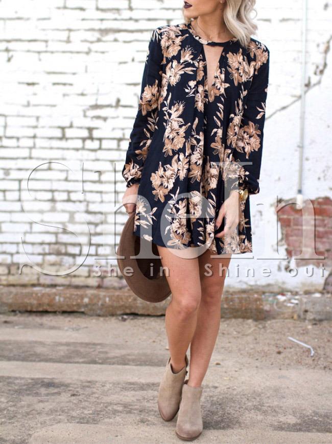 Shein Black Cut Out Front Floral Dress