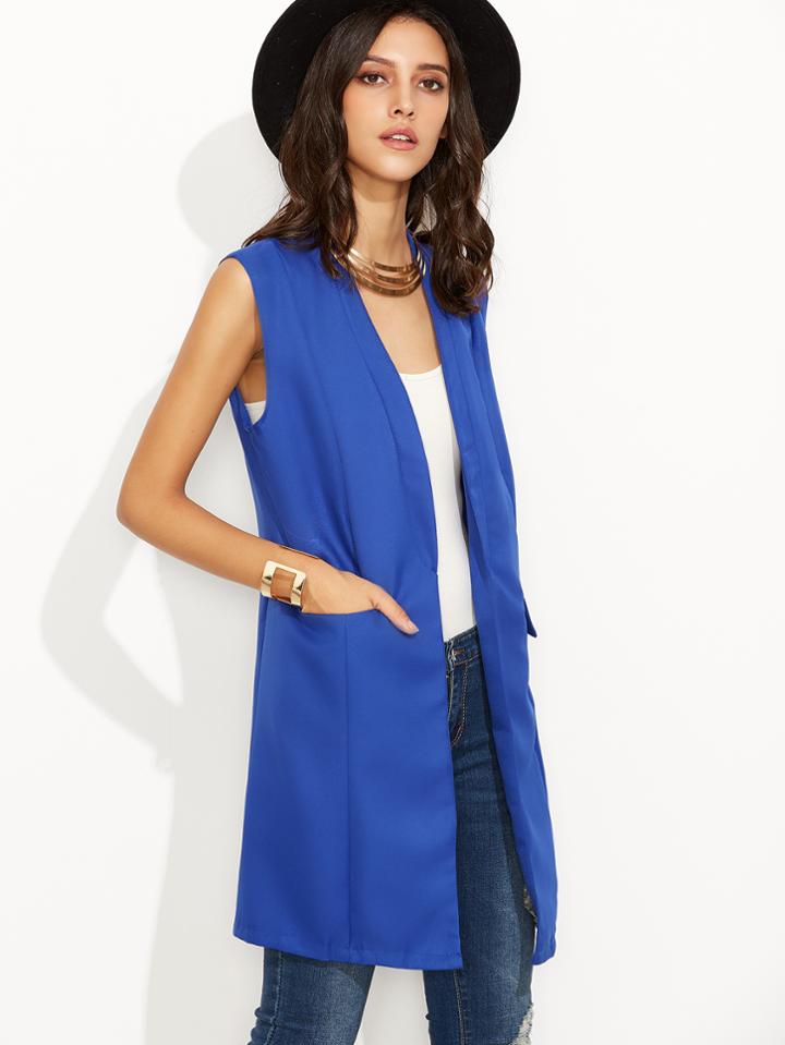 Shein Blue Flap Pockets Sleeveless Long Blazer