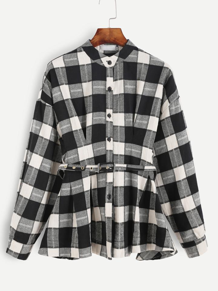 Shein Gingham Plaid Drop Shoulder Top With Belt