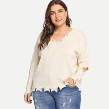 Shein Plus V Neck Raw Cut Trim Sweater