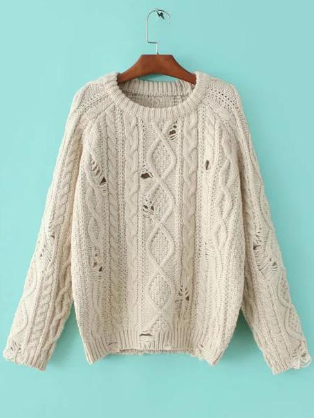 Shein White Cable Knit Ripped Raglan Sleeve Sweater