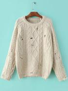 Shein White Cable Knit Ripped Raglan Sleeve Sweater