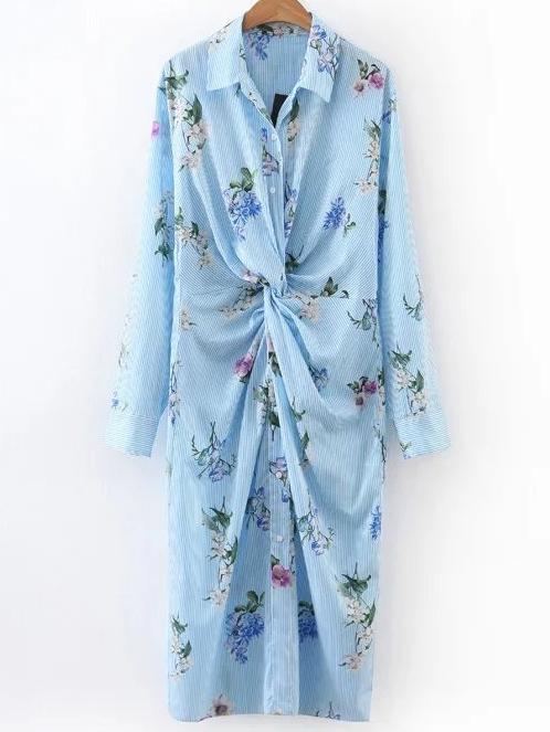 Shein Vertical Striped & Calico Print Twist Shirt Dress