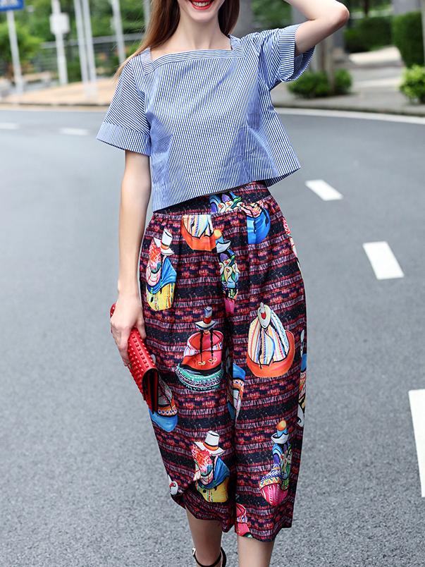 Shein Multicolor Boat Neck Striped Top With Print Pants