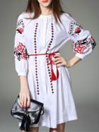 Shein White Embroidered Tie-waist Dress