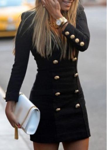 Rosewe Button Decoration Long Sleeve Black Sheath Dress