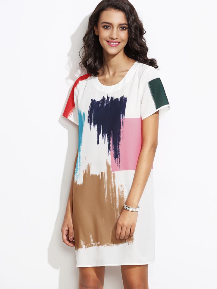 Shein White Brush Stroke Print Shift Dress