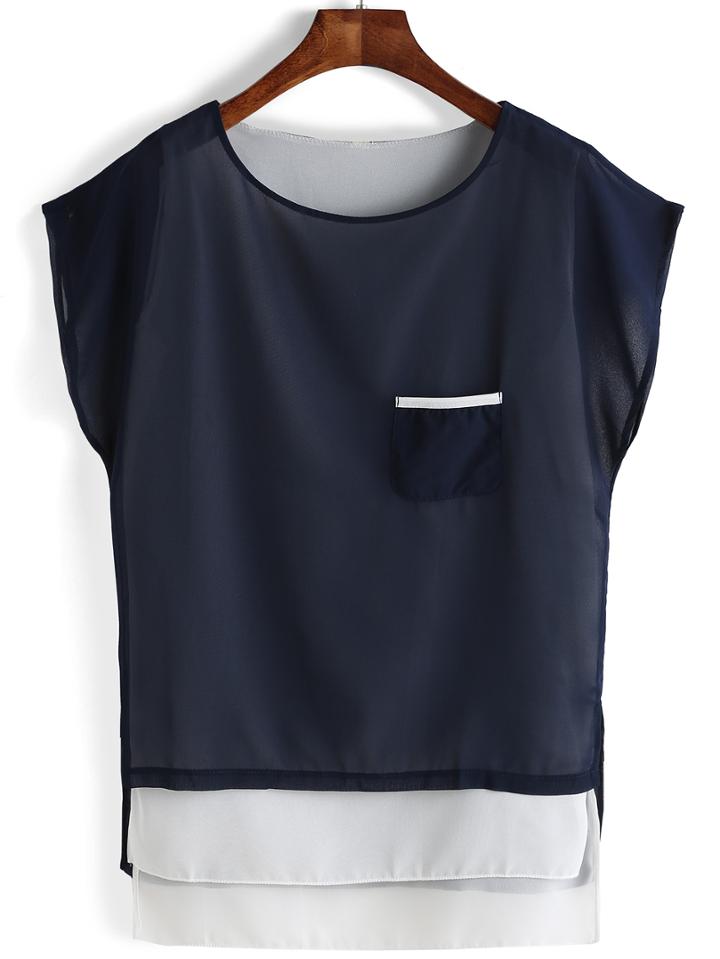 Shein Navy Round Neck Dip Hem Chiffon Blouse