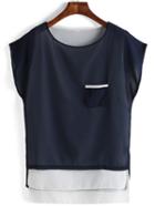 Shein Navy Round Neck Dip Hem Chiffon Blouse