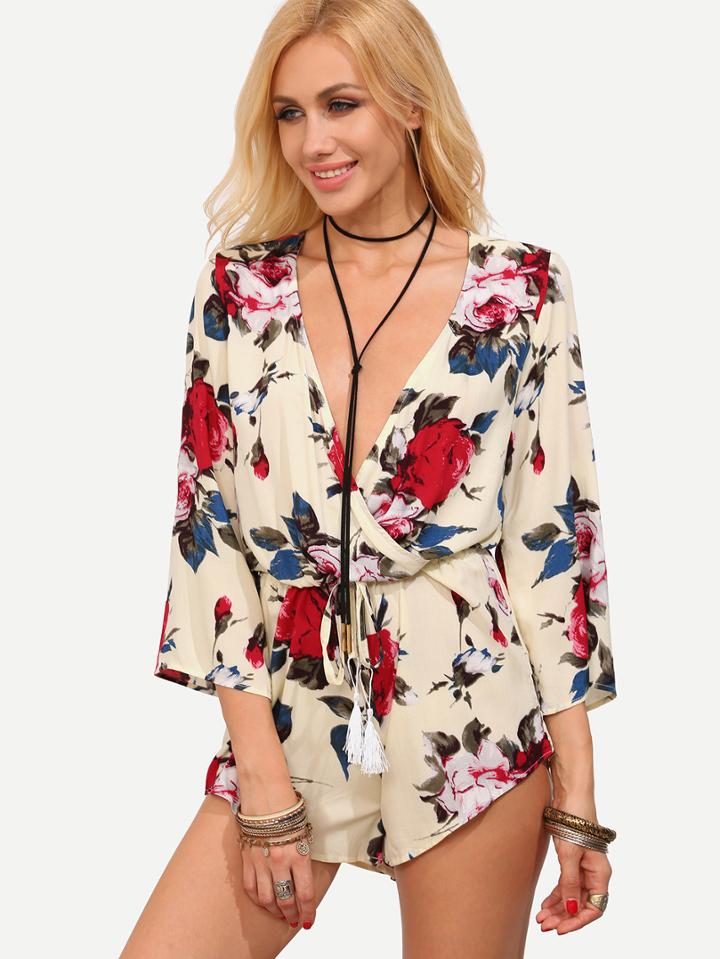 Shein Beige Rose Print Deep V Neck Drawstring Romper