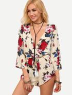 Shein Beige Rose Print Deep V Neck Drawstring Romper