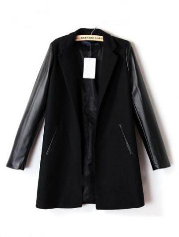 Shein Black Lapel Contrast Pu Leather Long Sleeve Coat