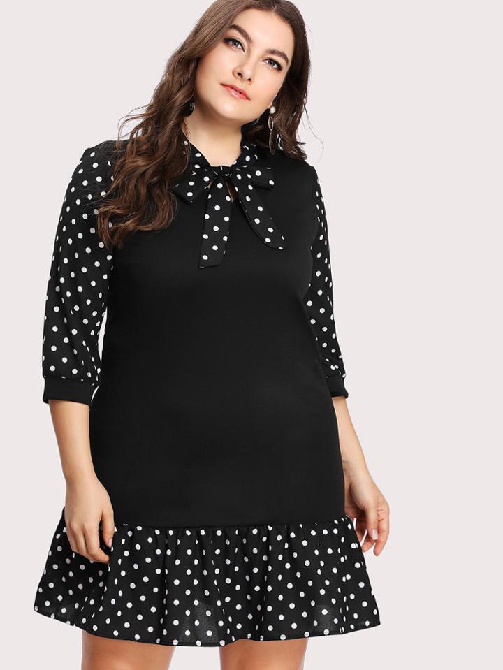 Shein Tie Neck Pep Hem Spot Dress