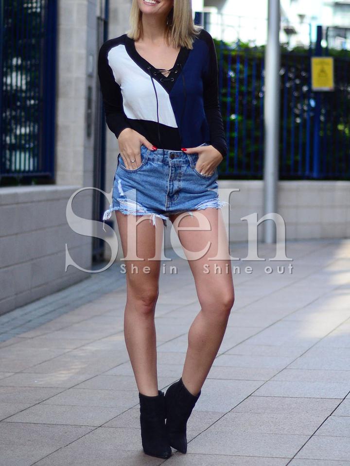 Shein White Navy Lace Up Color Block T-shirt