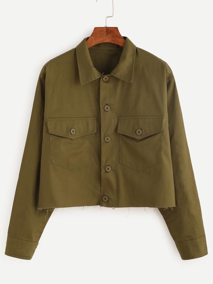 Shein Army Green Raw Hem Crop Jacket