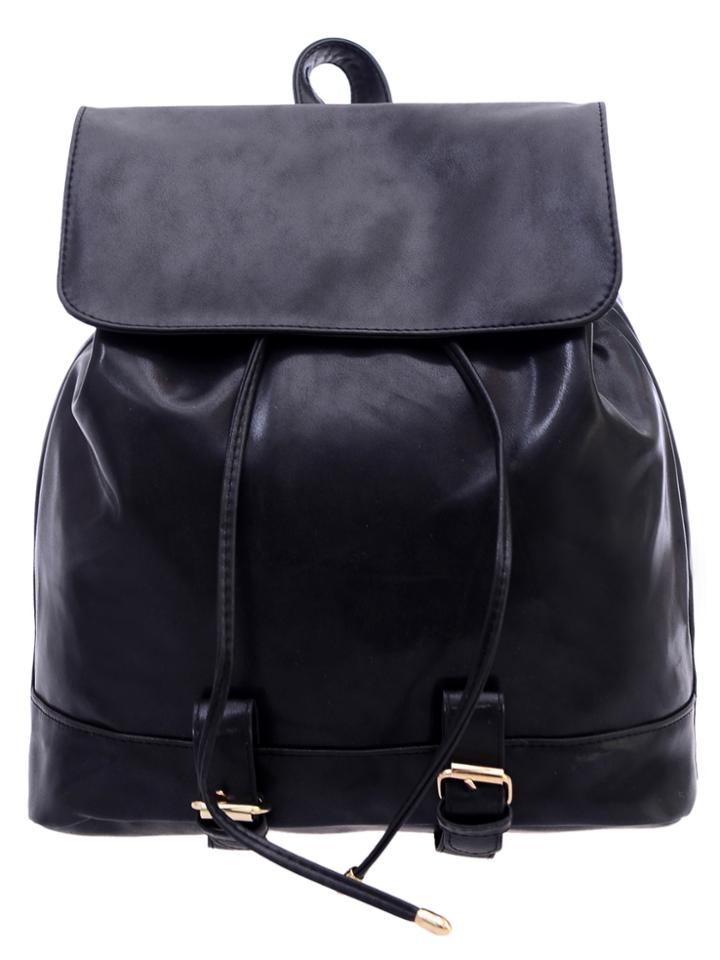 Shein Black Faux Leather Drawstring Flap Backpack
