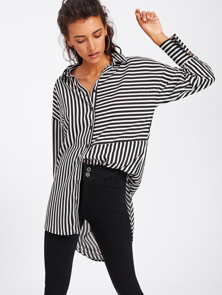 Shein Dolphin Hem Mixed Stripe Shirt