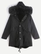 Shein Black Drawstring Hooded Fleece Lined Faux Fur Trim Parka