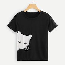 Shein Cat Print Round Neck Tee