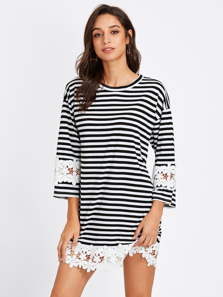 Shein Flower Lace Trim Striped Tee Dress