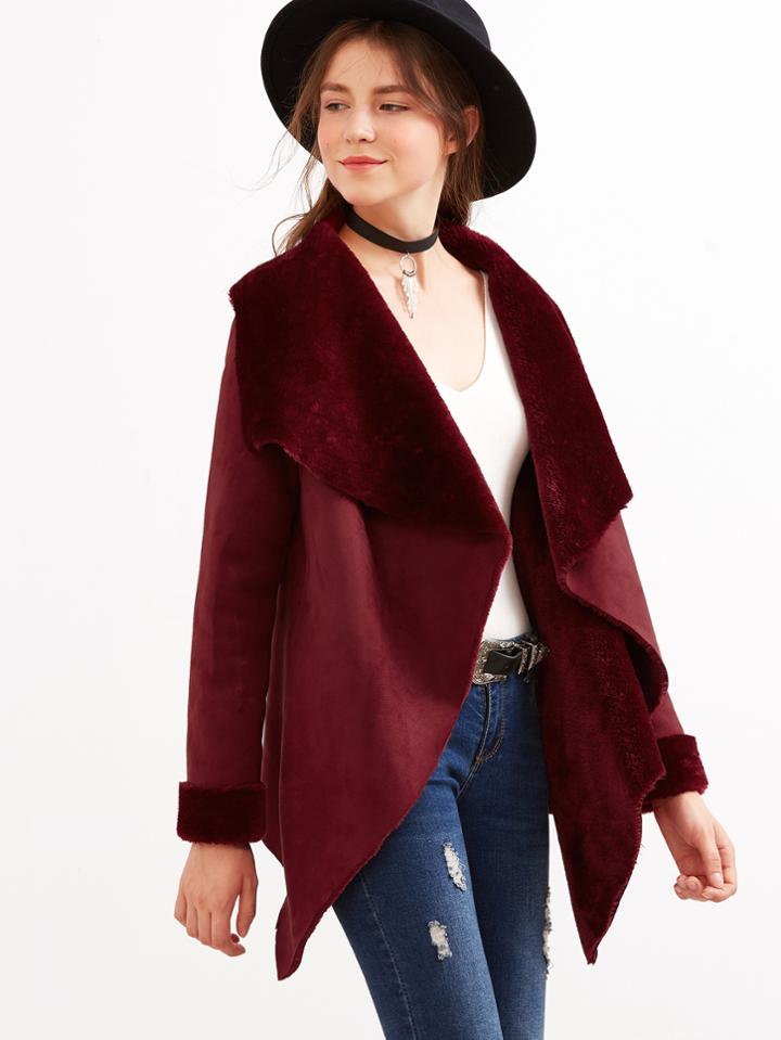 Shein Burgundy Drape Collar Faux Shearling Jacket