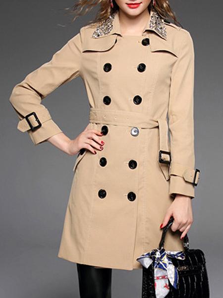 Shein Khaki Beading Neck Belted Pockets Coat