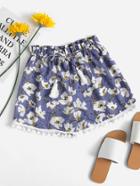 Shein Floral Print Random Drawstring Pompom Pleated Shorts
