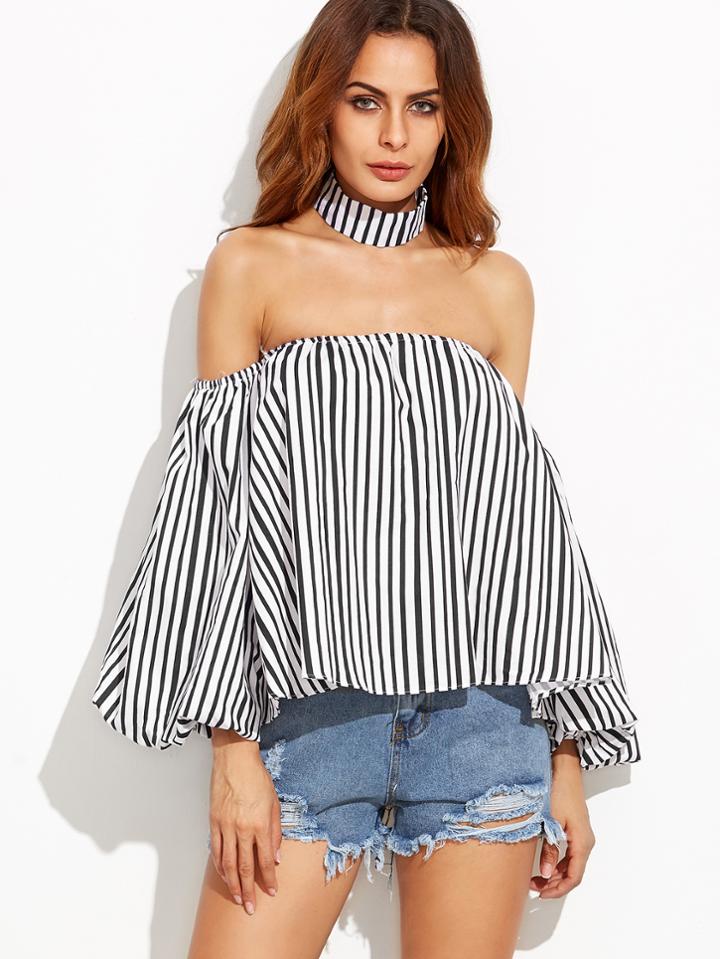 Shein Vertical Striped Off Shoulder Top With Choker