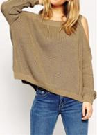 Rosewe Cold Shoulder Long Sleeve Coffee Asymmetric Sweater