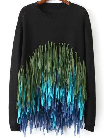 Shein Black Round Neck Tassel Knit Sweater