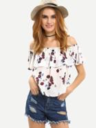 Shein Ruffled Off-the-shoulder Flower Print Top