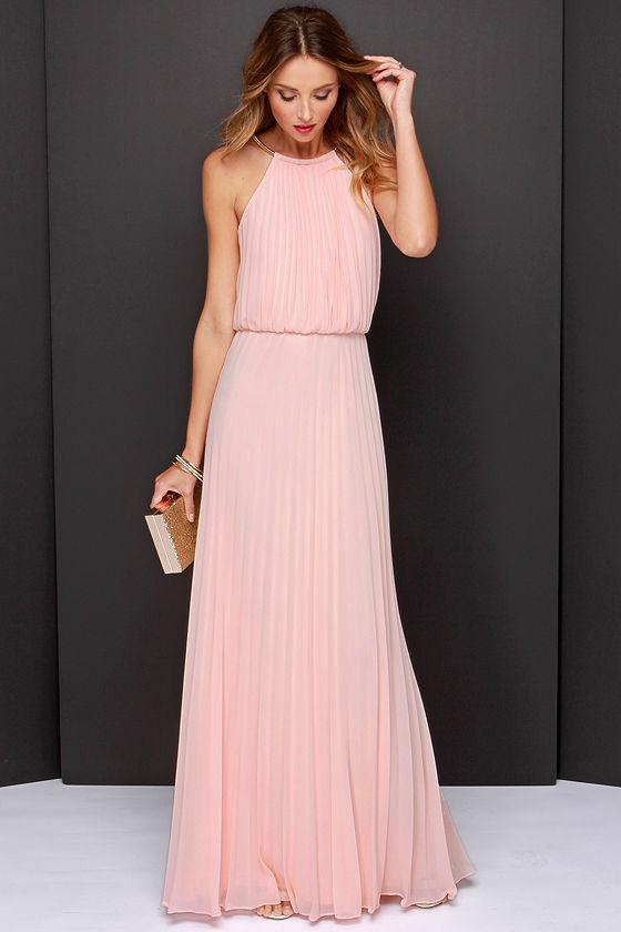 Shein Pink Sleeveless Halter Pleated Maxi Dress