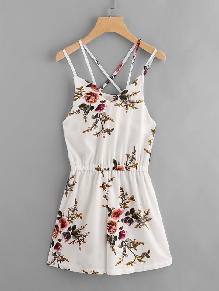 Shein Floral Print Random Criss Cross Back Cami Romper