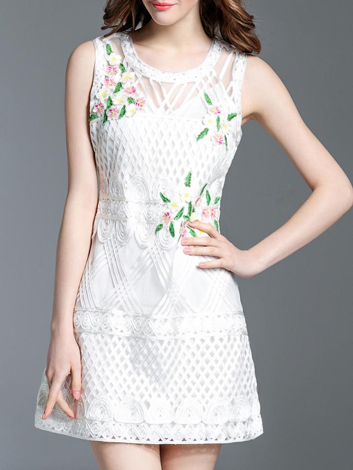 Shein White Crochet Hollow Out Applique Pouf Dress