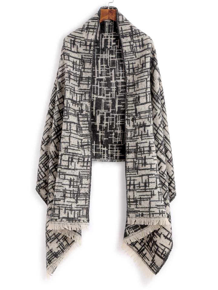 Shein Black And White Print Eyelash Fringe Shawl Scarf