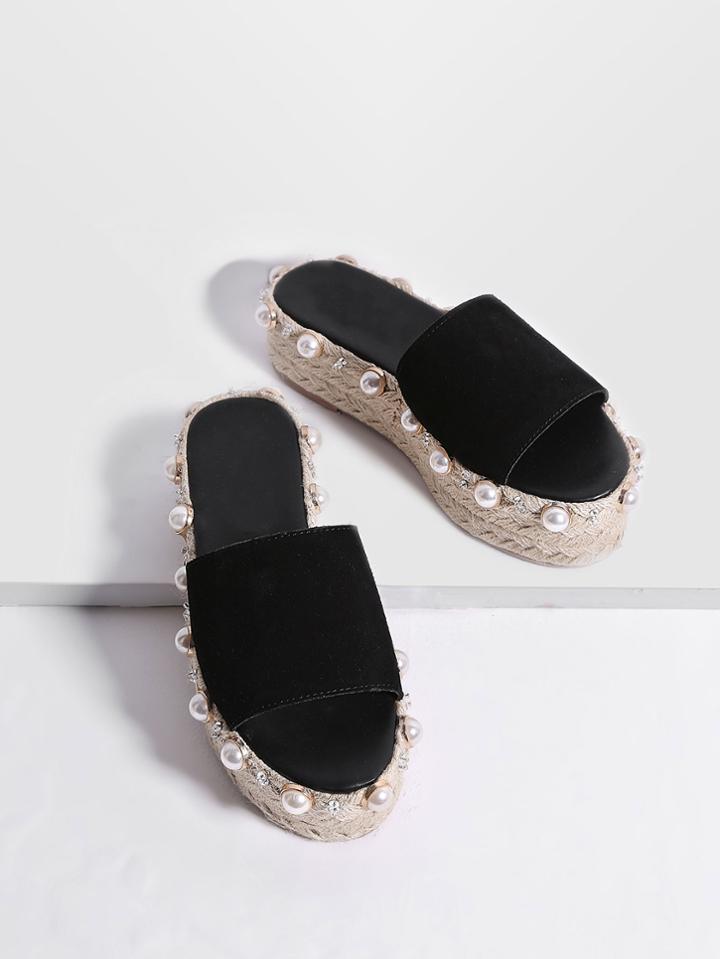 Shein Black Faux Pearl Espadrille Flatform Slippers
