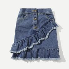 Shein Girls Ruffle Frayed Hem Denim Skirt