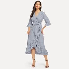 Shein Tie Waist Surplice Wrap Plaid Dress