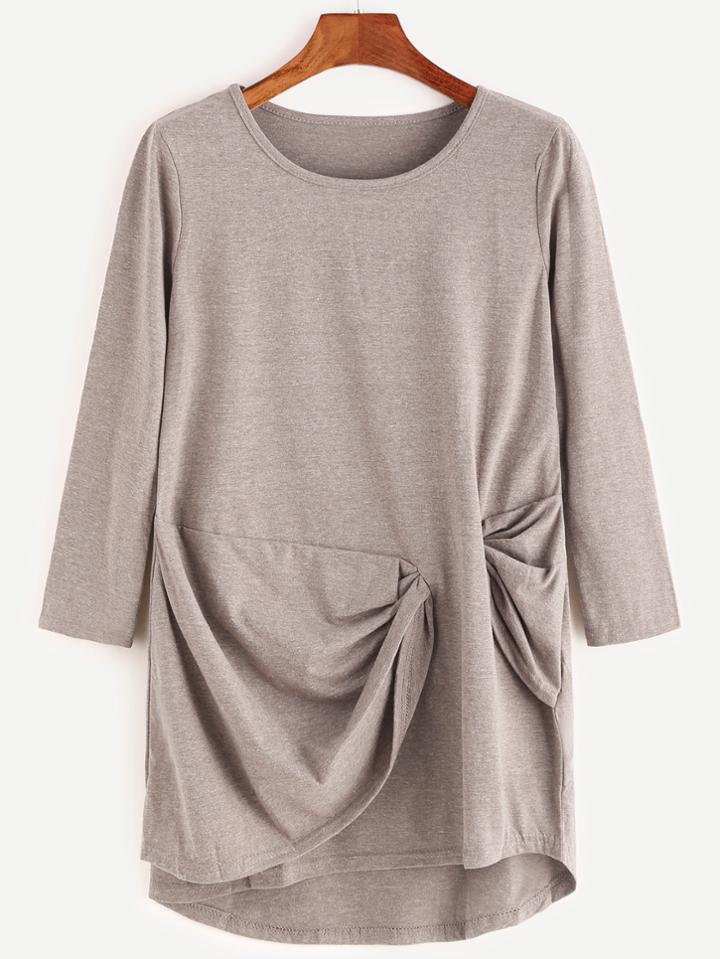 Shein Khaki Long Sleeve Twist Drape T-shirt