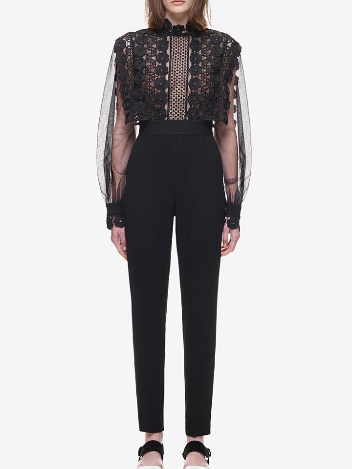 Shein Black Lantern Sleeve Lace Crochet Jumpsuit