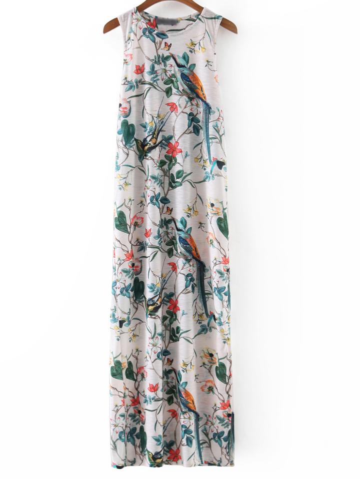 Shein Multicolor Split Side Birds Flowers Print Maxi Dress